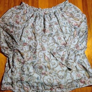 Sheer Floral Bird Print Off Shoulder‎ Peasant Blouse Romantic Cottagecore Top
